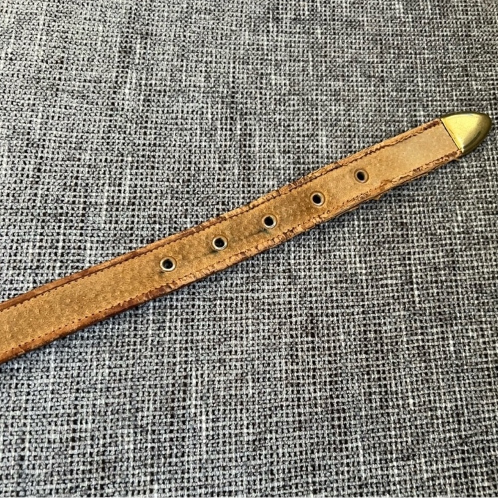 Vintage 90s Jenny & The Boys Tan Genuine Leather Brass Buckle Belt Small - Picture 5 of 6